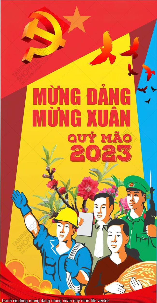 tranh co dong mung dang mung xuan quy mao file vector